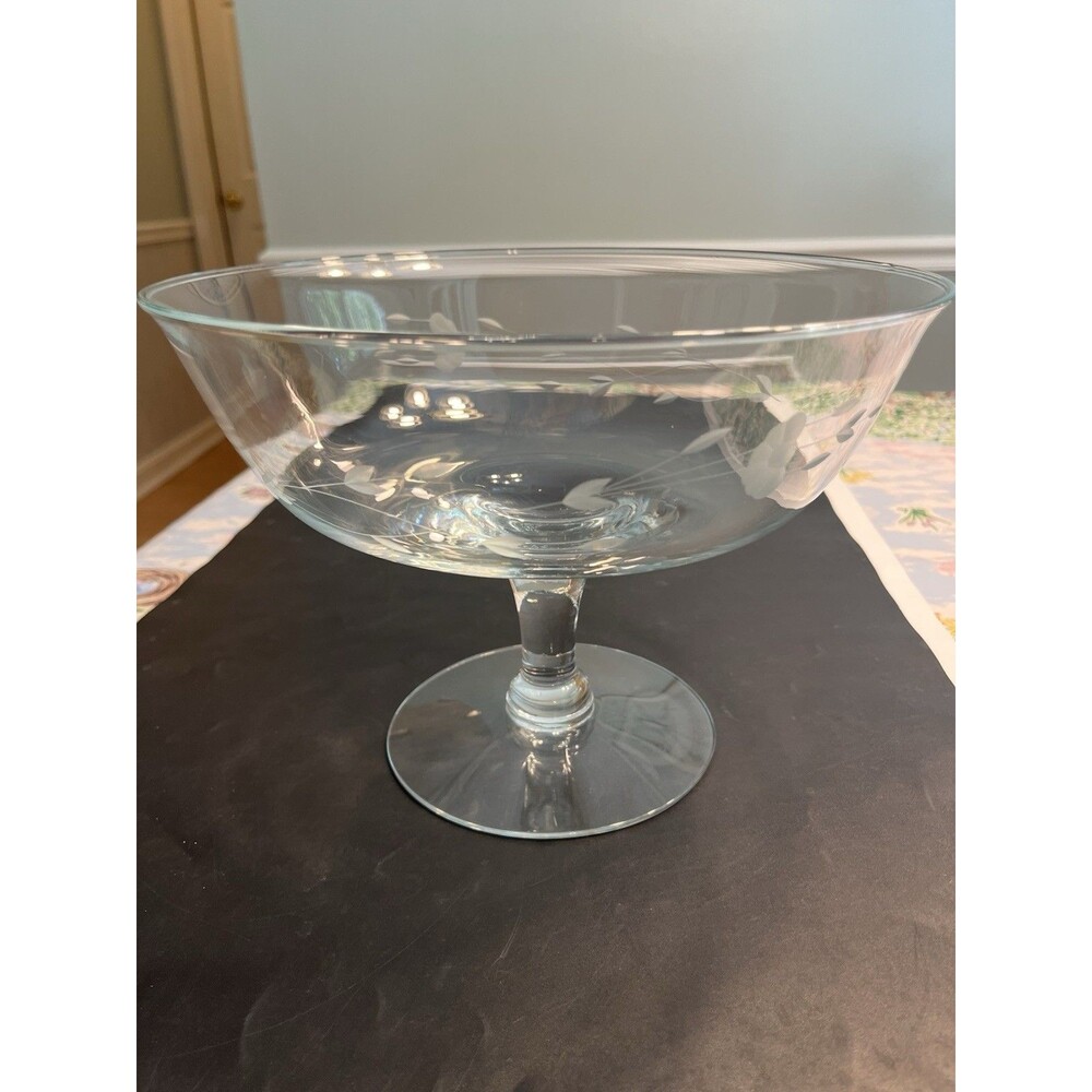 Princess House Heritage Floral Etched Pedestal Compote Bowl 7” T x 9.75” W - USA